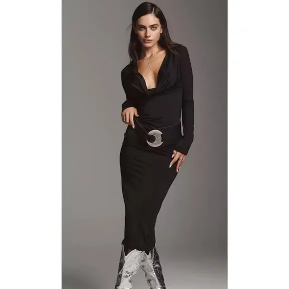 knee length dresses for ladies Donna Karan Women's Long Sleeve Midi Asymmetric Sheath Dress in Black